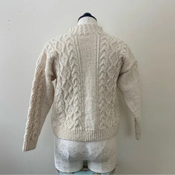 Vintage Handmade Wool Sweater Cream Fisherman Knit Aran Mock Turtleneck S M - Picture 8 of 8